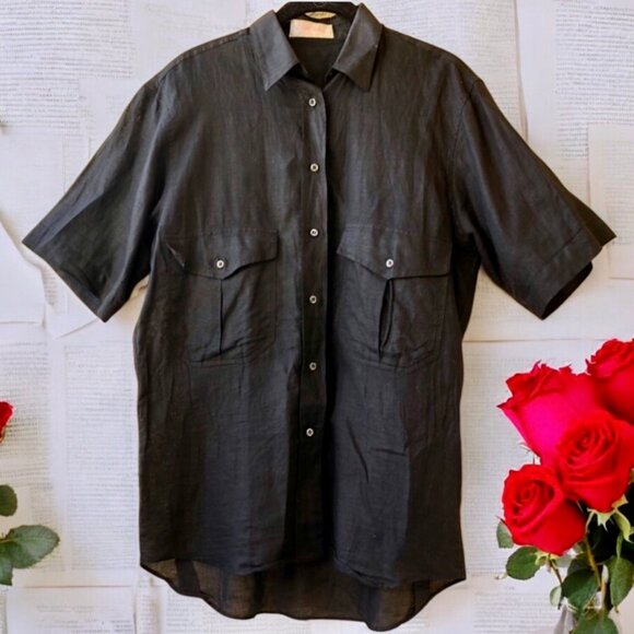 HAMRAH'S Italy Vintage 80's Linen Black Short Sleeve Button Up Shirt Womens 12